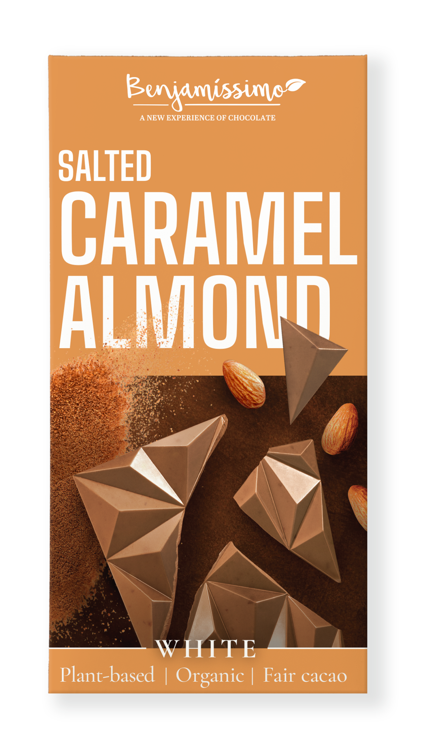 Ciocolata alba cu migdale si caramel sarat bio 60g Benjamissimo