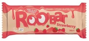 Baton cu capsuni invelit in glazura roz bio 30g Roobar