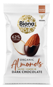 Migdale sarate invelite in ciocolata neagra bio 30g Biona