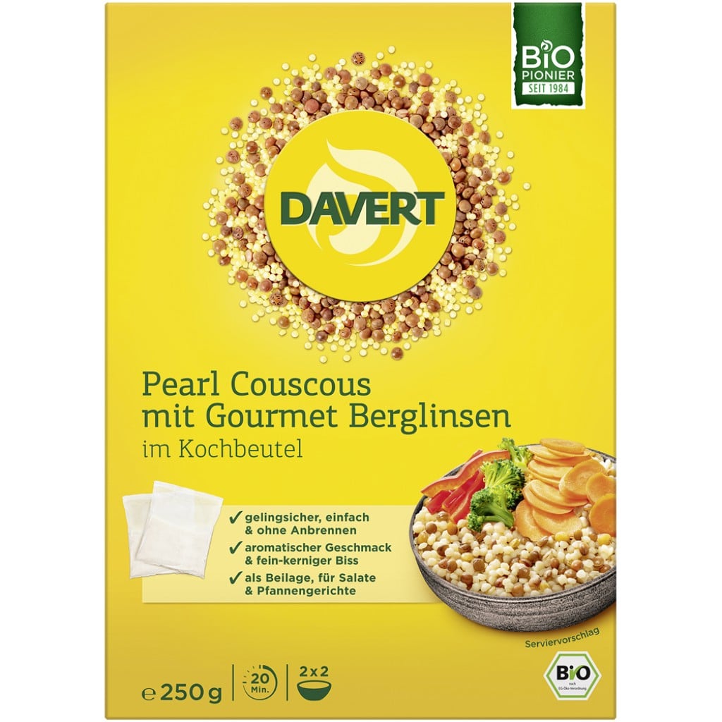 Cous cous perlat cu linte gourmet in punga de gatit 2x2 portii, eco - Davert