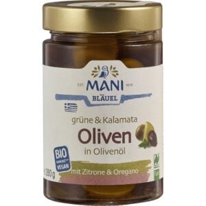 Masline verzi si Kalamata in ulei cu lamaie si oregano, eco - Mani