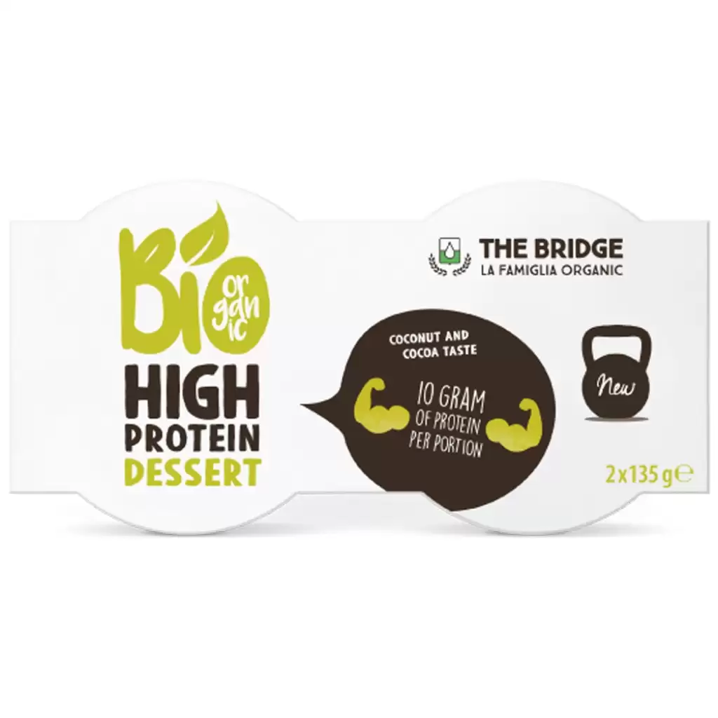 Desert bogat in proteine din fasole fava cu cocos si cacao fara gluten 2x135g, eco - The Bridge