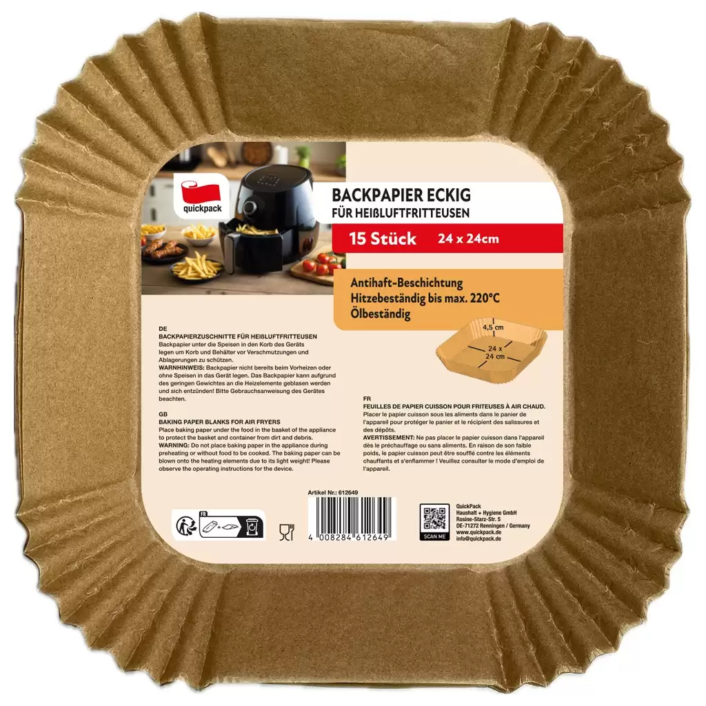 Hartie de copt patrata pentru friteuza cu aer cald 20x20x45 cm - Quickpack